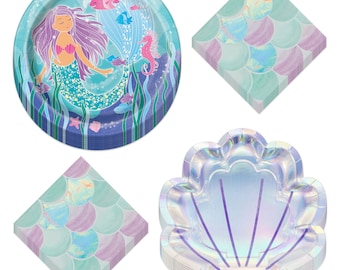 Mermaid Party Iridescent Paper Dinner Plates Variety and Beverage Napkins (Serves 16)