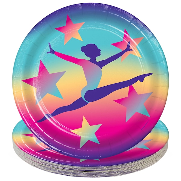 Gymnastics Party Supplies - Gymnast Round 9 Inch Paper Dinner Plates for 16 Guests
