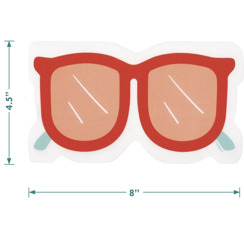 Puede incluir: Una pegatina troquelada de gafas de sol con montura roja y lentes color melocot&oacute;n. La pegatina mide 20,3 cm de ancho y 11,4 cm de alto. Las patillas de las gafas son de color azul claro.