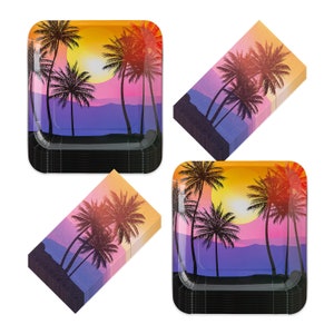 May include: A set of 8 paper plates and 8 napkins featuring a tropical sunset scene with palm trees and a pink, orange, and purple sky. The plates and napkins are black and white.