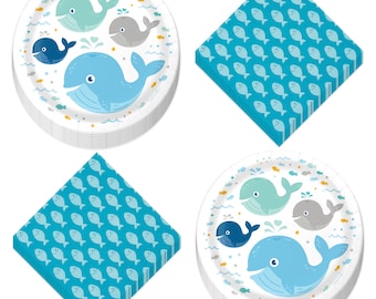 Lil' Blue Spout Whale Ocean Party Round Paper Dessert Plates and Beverage Napkins for Birthday Parties and Baby Showers (Serves 16)