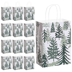 Christmas & Winter Snowy Pine Paper Gift Bags and Party Favor Bags, Small Size - 5.25 Inches x 3.5 Inches x 8.25 Inches (12 Pack)