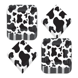 Cow Print Party Supplies - Black and White Cow Print Paper Dessert Plates and Beverage Napkins for Farm Animal Theme Parties (Serves 16)