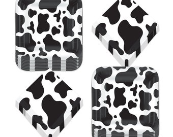Cow Print Party Supplies - Black and White Cow Print Paper Dessert Plates and Beverage Napkins for Farm Animal Theme Parties (Serves 16)