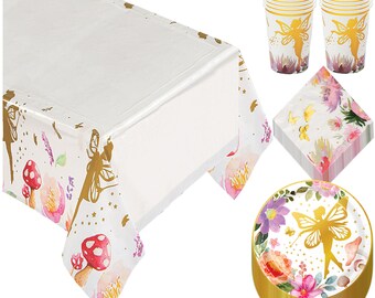 Enchanted Fairy Party Pack - Floral and Gold Fairy Scalloped Paper Dessert Plates, Napkins, Cups, and Table Cover (Serves 16)