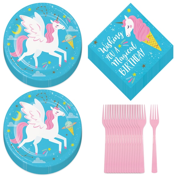 Unicorn Party Supplies - Pegsasus Unicorn Galaxy Blue Sky Paper Dessert Plates, Napkins, and Forks (Serves 16)