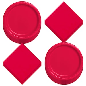 May include: A set of four bright red paper plates and napkins. The plates are round and the napkins are square.