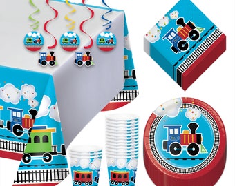 Train Theme Party Supplies - All Aboard Paper Dessert Plates, Napkins, Cups, Table Cover, and Cutouts Set (Serves 16)