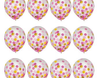 Latex Confetti Balloons - Clear Balloon Decorations With Pink and Metallic Gold Dot Confetti, 12" Size (12 Count)