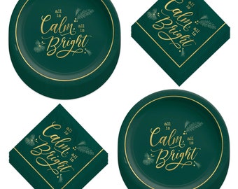 Christmas Party Calm and Bright Large Paper Dinner Plates and Lunch Napkins in Modern Green & Gold (Serves 16)