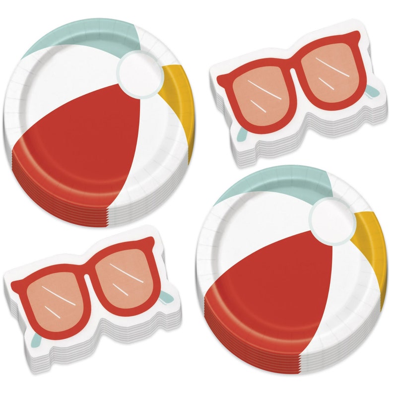 Puede incluir: Platos de papel blancos con dise&ntilde;o de pelota de playa en rojo, amarillo y azul. Tambi&eacute;n, recortes de papel de gafas de sol con montura roja y lentes naranjas. Ideal para una fiesta de verano.