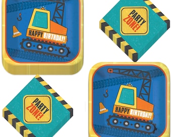 Construction Party Supplies - Happy Birthday Blue Construction Digger Paper Dessert Plates and Party Zone Beverage Napkins (Serves 16)