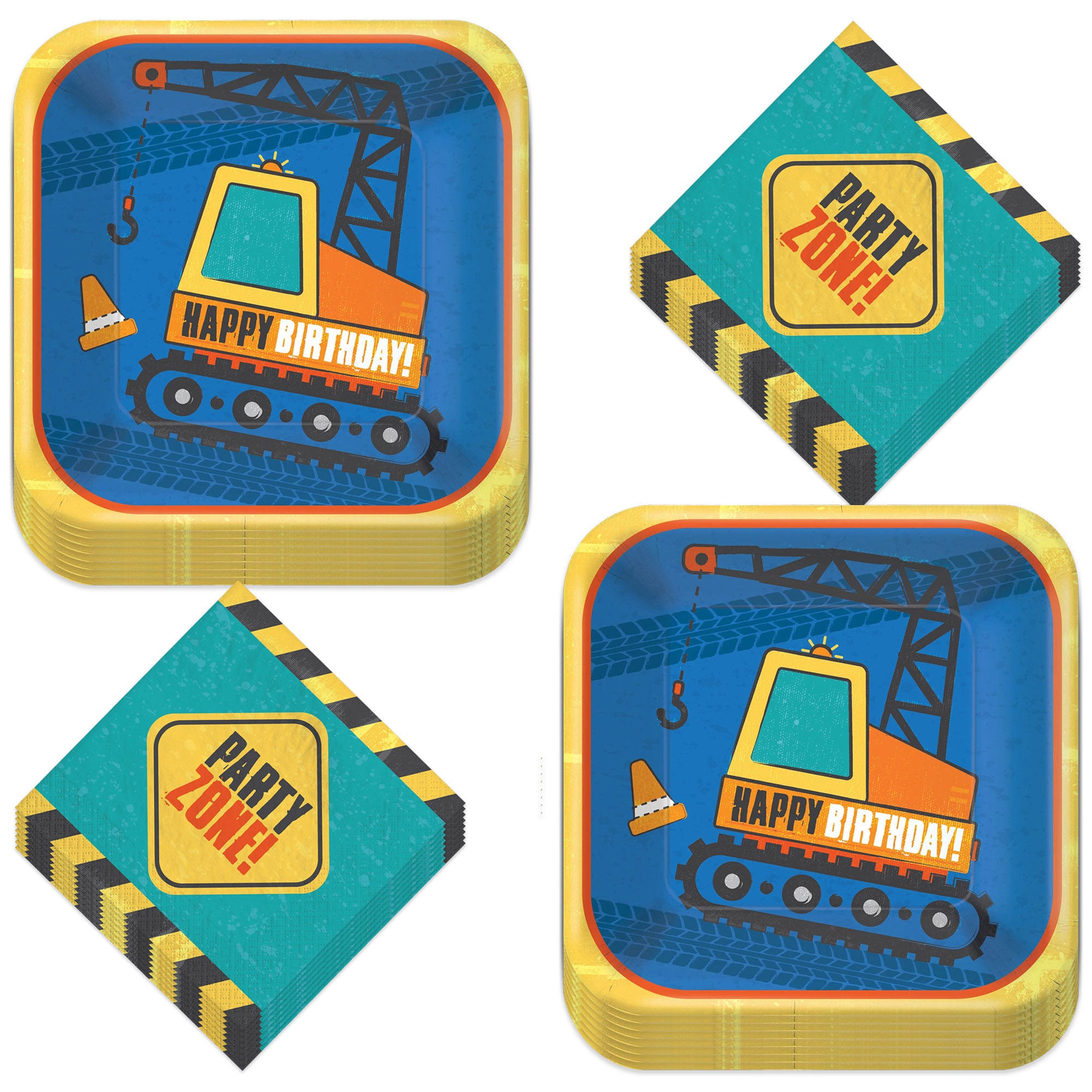 Construction Party Supplies Happy Birthday Blue Construction Digger Paper Dessert Plates and Party Zone Beverage Napkins