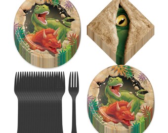 Dinosaur Party Supplies - Green Dino Paper Dessert Plates, Beverage Napkins, and Forks (Serves 16)