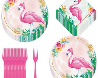 Tropical Pink Flamingo Round Paper Dessert Plates, Beverage Napkins, and Forks (Serves 16)