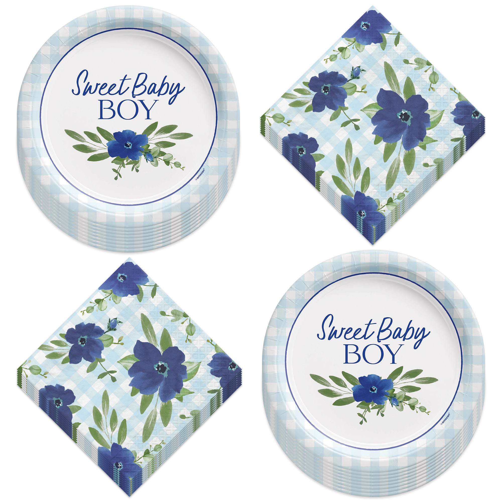 Baby Shower Party Baby In Bloom Blue Gingham Floral Paper Dessert Plates and Beverage Napkins Serves 16