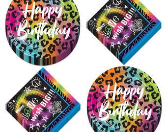Wild Child Happy Birthday Animal Print Paper Dessert Plates and Peace Sign Napkins - Colorful Wild Animal Print (Serves 16)