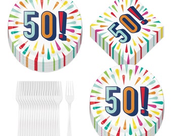 Happy 50th Birthday Burst Paper Dessert Plates and Napkins (Serves 16)