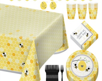 Bee Baby Shower Party Pack - Bumblebee Paper Dinner Plates, Lunch Napkins, Cups, Forks, Table Cover, and Banner Set (Serves 16)