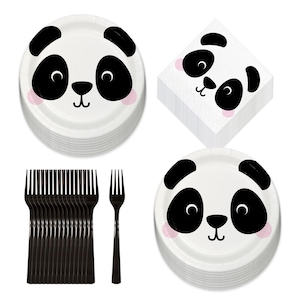 Panda Party Animal Face Paper Dinner Plates, Luncheon Napkins, and Forks for Panda Theme Party (Serves 16)