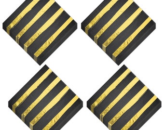 Disposable Metallic Gold Stripe Black Paper Dinner Napkins (Pack of 32)
