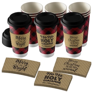Disposable Coffee or Hot Chocolate Cups - Buffalo Plaid (Buffalo Plaid, 12-ct with Holiday Kraft Sleeves Design 2)