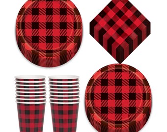 Red & Black Flannel Buffalo Plaid Dessert Party Pack - Paper Plates, Beverage Napkins, and Paper Cups (Serves 16)