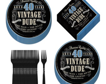 Old Man Vintage Dude Party Supplies - 40th Milestone Birthday Dessert Plates, Napkins, and Forks (Serves 16)