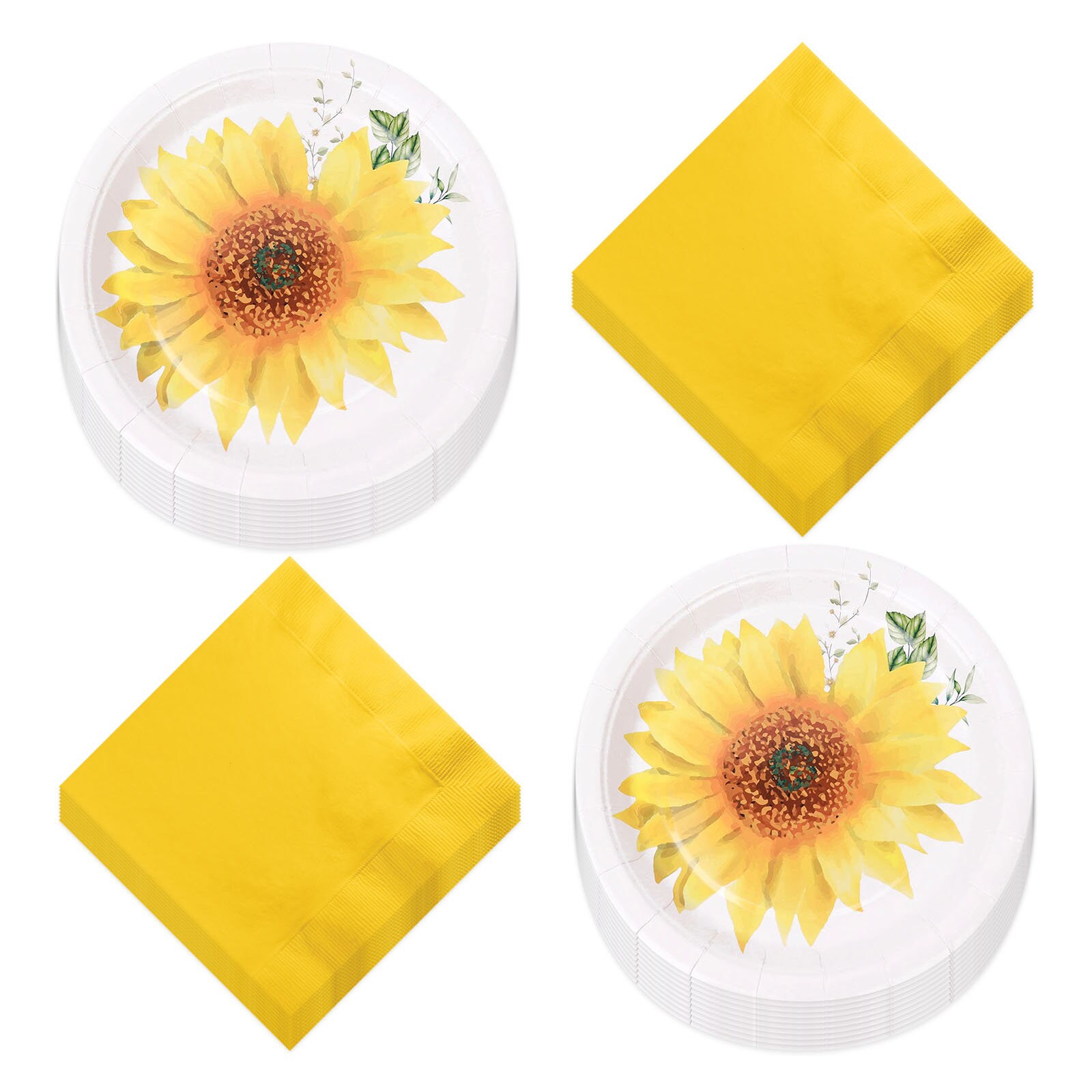 Sunflower Party Paper Dessert Plates and Solid Yellow Beverage Napkins Serves 20