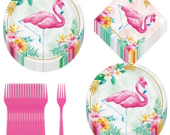 Tropical Pink Flamingo Round Paper Dinner Plates, Lunch Napkins, and Forks (Serves 16)