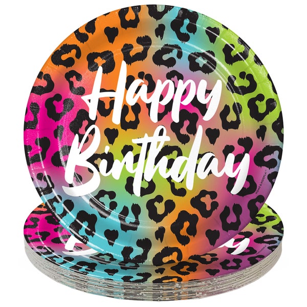 Wild Child Party Supplies - Colorful Animal Print Birthday Round Paper Dessert Plates for 16 Guests