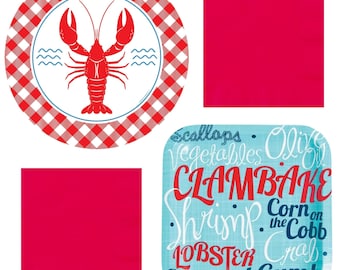 Seafood Boil Party Plates and Napkins Set, Clambake Lobster Decorations, Summer Picnic Tableware
