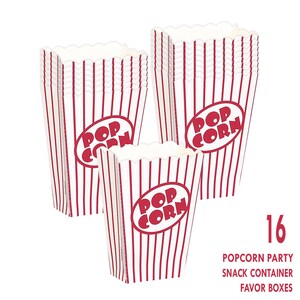 K&ouml;nnte beinhalten: Ein Set mit 16 wei&szlig;en und rot gestreiften Popcorn-Boxen mit dem Aufdruck "Pop Corn" in Rot. Die Boxen sind perfekt f&uuml;r einen Filmabend oder eine Party.