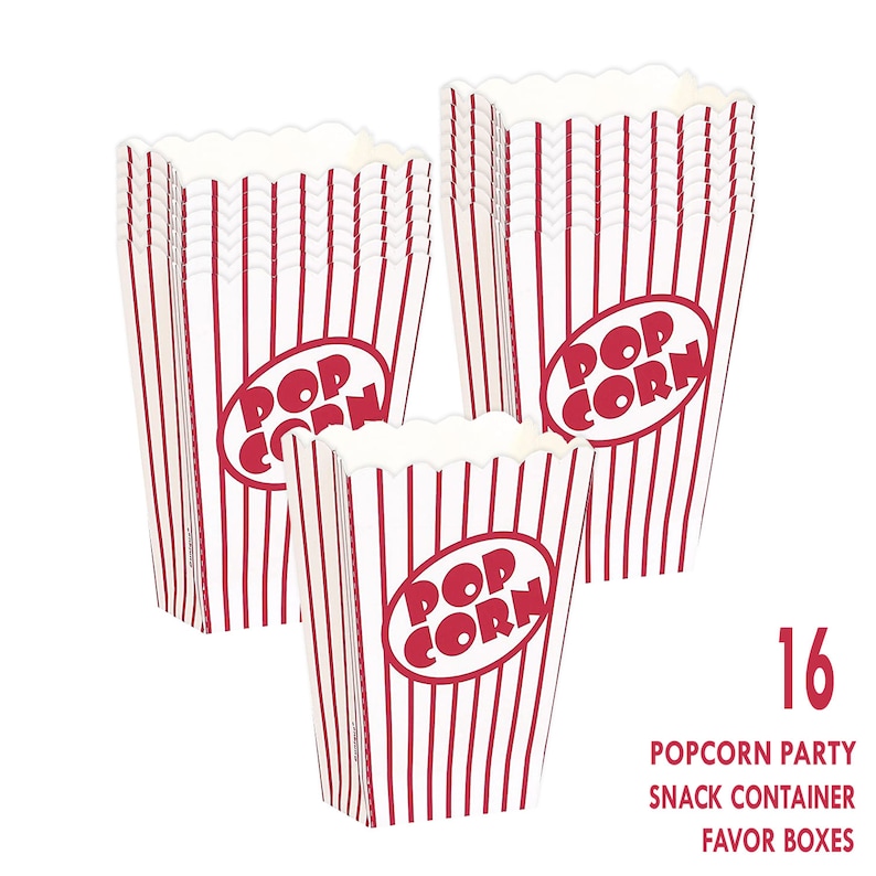K&ouml;nnte beinhalten: Ein Set mit 16 wei&szlig;en und rot gestreiften Popcorn-Boxen mit dem Aufdruck "Pop Corn" in Rot. Die Boxen sind perfekt f&uuml;r einen Filmabend oder eine Party.