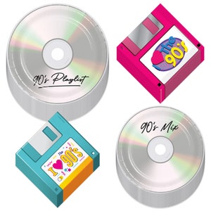 90's Party Variety Pack - Assorted Paper CD Plates and Floppy Disc Napkins in Dinner and Dessert Sizes (Serves 32)