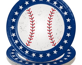 Baseball Party Supplies - Red, White, & Blue All-Star Round Paper Dessert Plates for 16 Guests