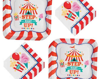 Platos de papel cuadrados y servilletas para fiestas de Carnaval y Circo (para 16 personas)