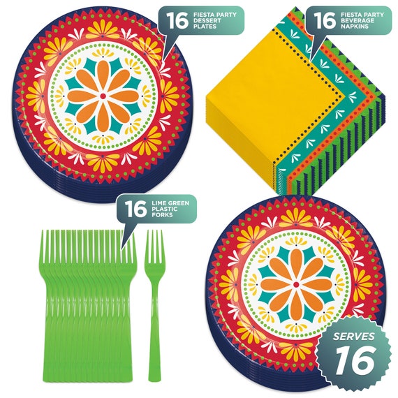 Fiesta Party Supplies - Painted Pottery Paper Dinner Plates, Luncheon Napkins, and Forks (Serves 16)