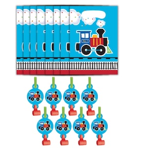 May include: A set of blue party favor bags and noisemakers with a train theme. The bags have a train graphic, clouds, and a railroad track design. The noisemakers are round with a train graphic and red whistles.