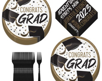 Graduation Party Golden Grad Black, White, & Gold Paper Dinner Plates, Lunch Napkins, and Forks (Serves 16)