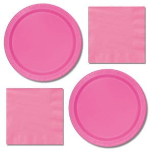 May include: A set of two solid bright pink round paper plates and two solid bright pink square paper napkins. The items are arranged in a grid pattern, featuring a smooth, uniform color throughout each piece with a simple, functional design.