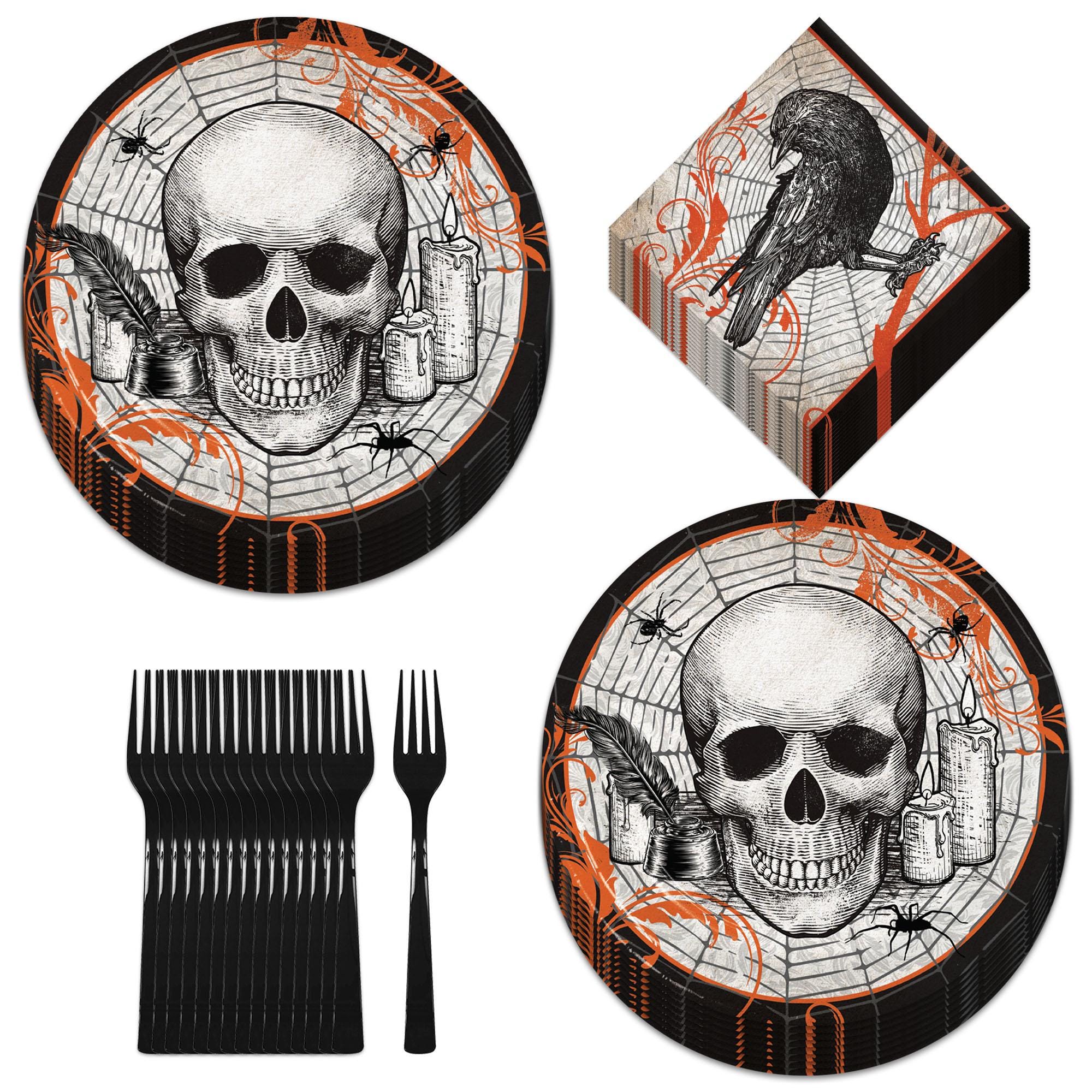 Spooky Vintage Halloween Skull Spider Paper Dinner Plates