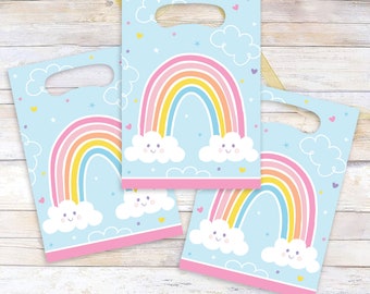 Happy Rainbow Birthday Party Plastic Loot Bags & Party Favor Bags, 9 Inch Size, 16 Count