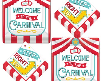 Carnival Party Square Paper Dessert Plates and Step Right Up Beverage Napkins (Serves 16)