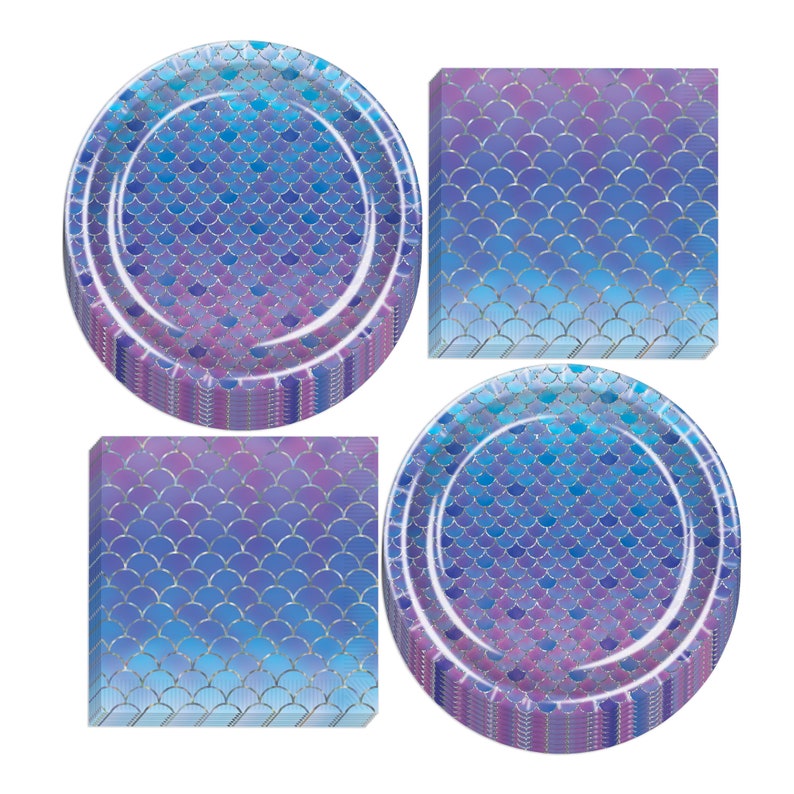 Mermaid Party Supplies Purple and Blue Ombre Metallic Mermaid Scales Paper Dinner Plates and Napkins Serves 16
