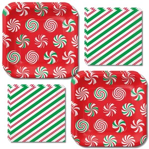 May include: A set of square paper plates and square paper napkins featuring a festive holiday theme. The plates are red with a repeating pattern of white and green peppermint swirl candies. The napkins feature diagonal red and green stripes.