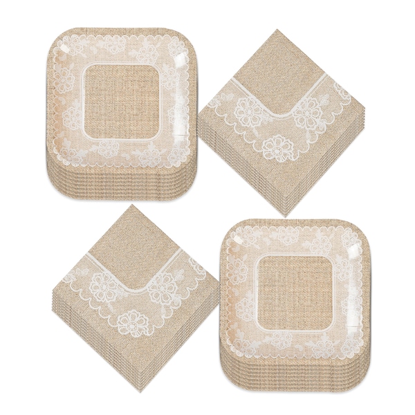 Wedding Party and Bridal Shower Rustic Burlap and Lace Paper Dessert Plates and Beverage Napkins (Serves 16)