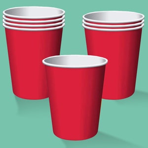 May include: Three red disposable paper cups. The cups are stacked in pairs, with one cup standing alone. The cups have a white rim.