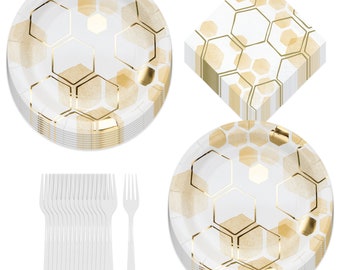 Bee Party Deluxe Metallic Honeycomb Paper Dinner Plates, Lunch Napkins, and Forks (Serves 16)