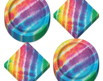 Tie Dye Rainbow Paper Dessert Plates and Beverage Napkins - Beach Bum, 60's Decades, and Hippie Theme Party Supplies (Serves 16)